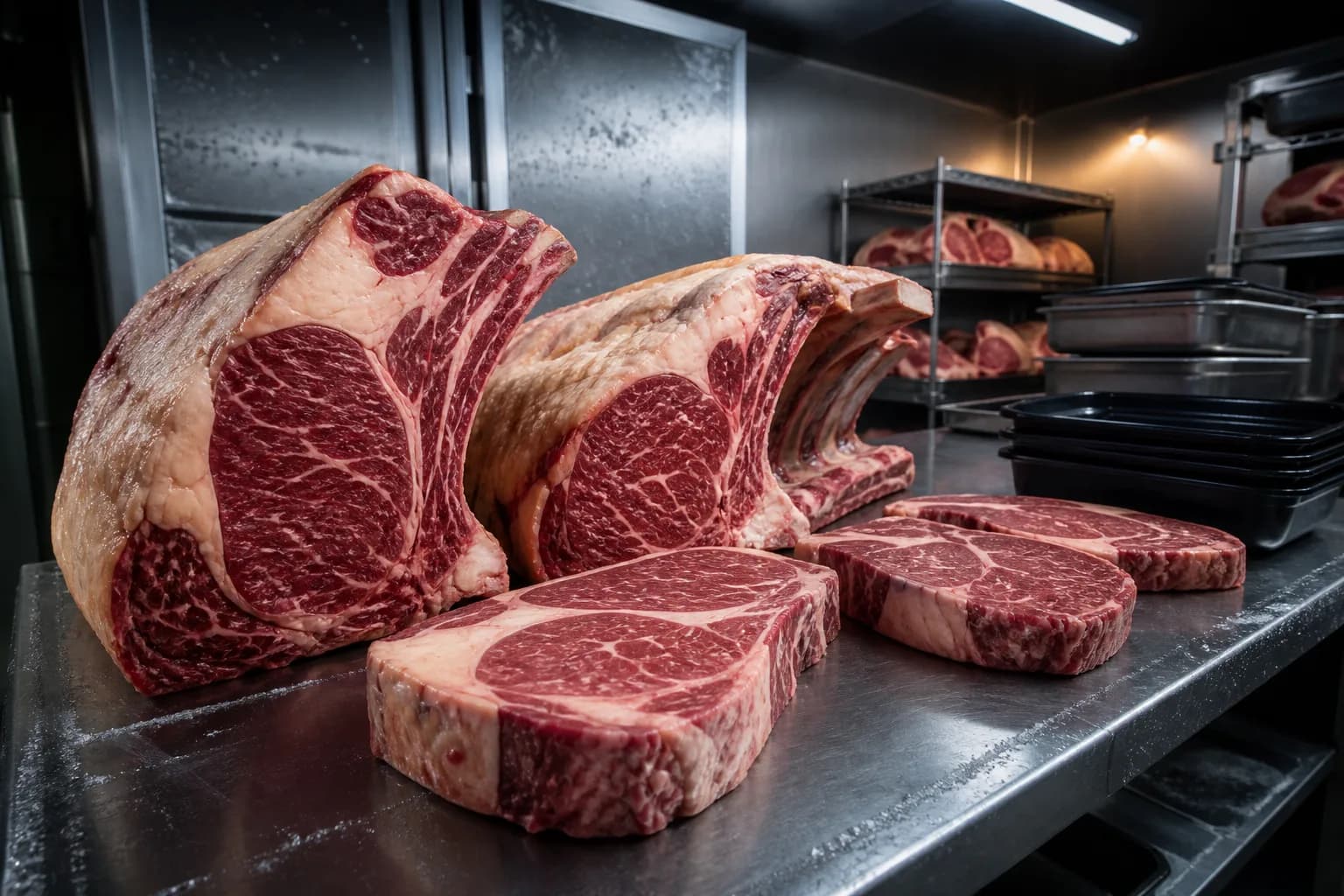 Gemarmerde stukken rundvlees op een werktafel in een professionele keuken