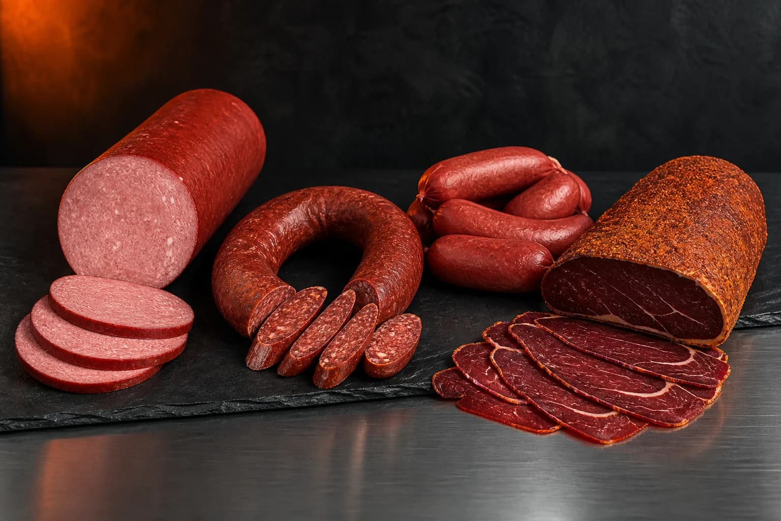 Turkse salam, sucuk, worst en pastırma op een professionele werktafel