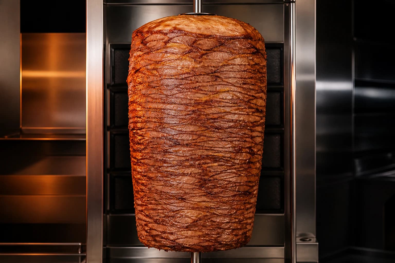 Gelaagde yaprak döner aan een verticaal draaispit in een professionele keuken