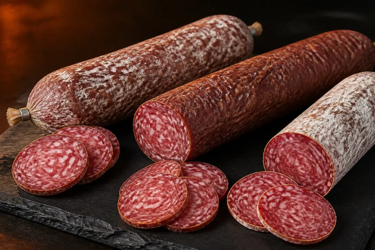 Hele en gesneden salami op een donkere stenen ondergrond