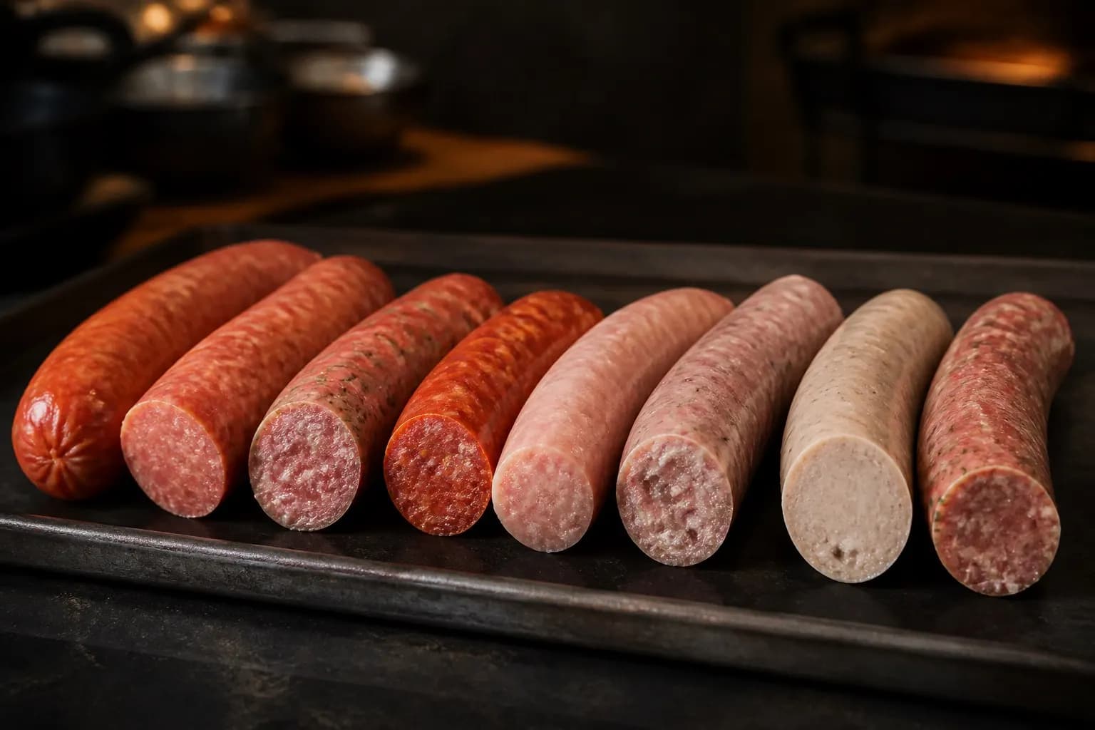 Verschillende hele en doorgesneden worsten op een metalen schaal